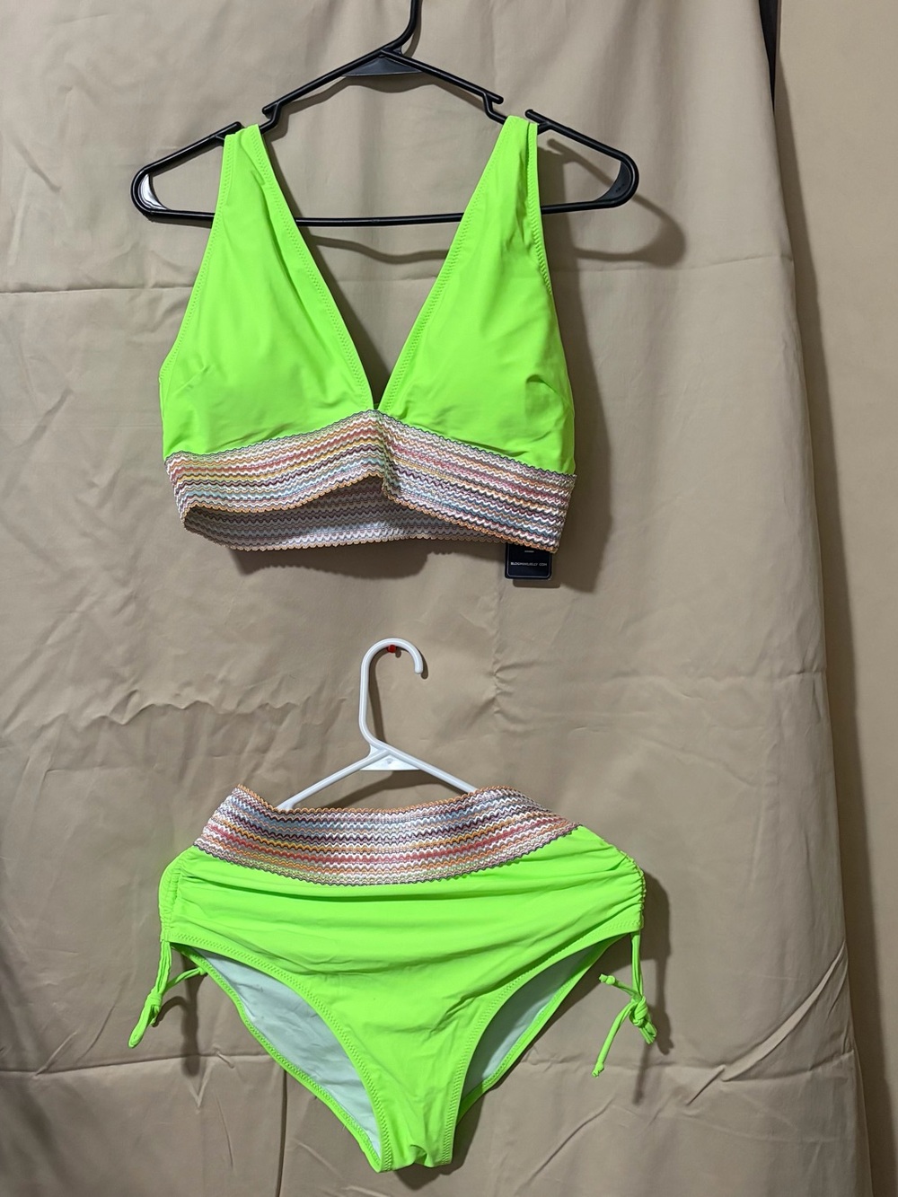 Neon Lime V-Neck Bikini Set with Striped Waistband
